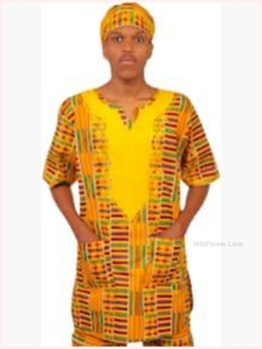 Traditional Kente Dashiki V-Neck Top, Short Sleeve, Cotton